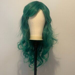 27” Green Synthetic Wig with Loose Curls and Bangs